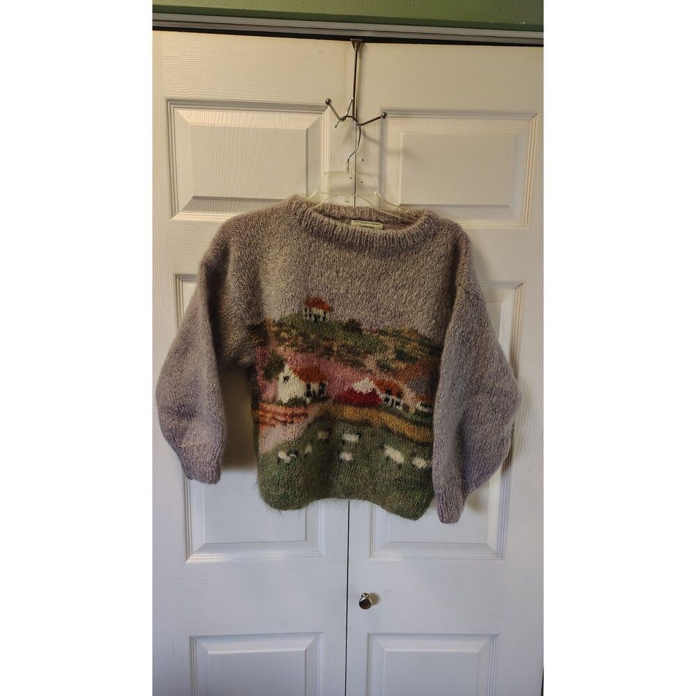 VTG Susie Lee Covent Garden Hand Knit Mohair Landscape Sheep Sweater M/L